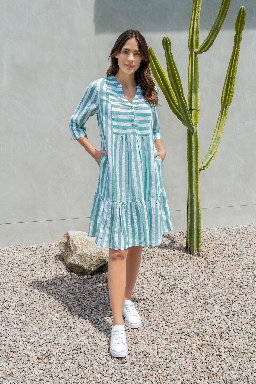 See Saw Linen Blend Two-Way Stripe Dress Emerald, Size: 12