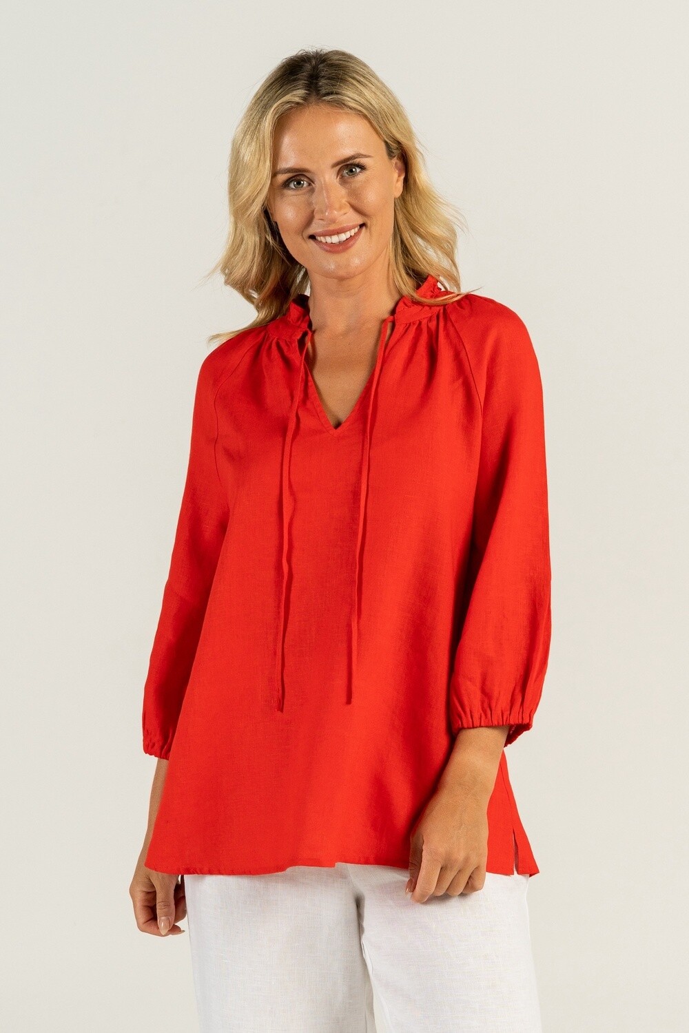 See Saw linen Ruffle Tunic Top Red, Size: 12