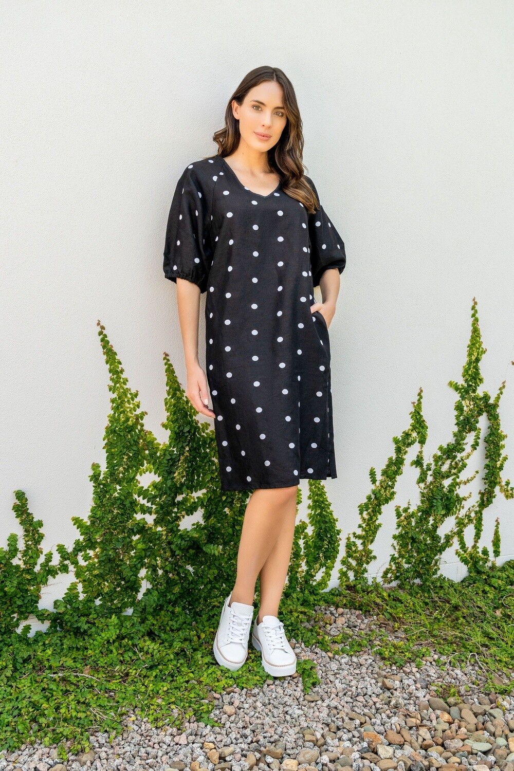 See Saw Linen Spot V Nk A Line Dress Black and White, Size: 12