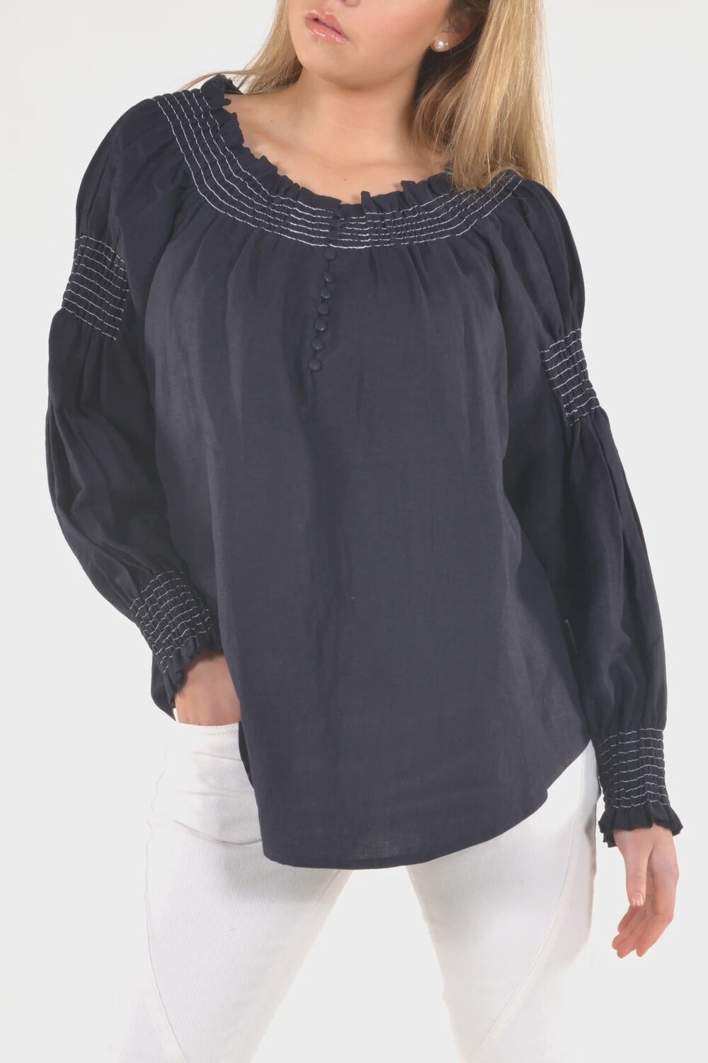Bullrush Moonta Bay Top navy with white stitching, Size: XS
