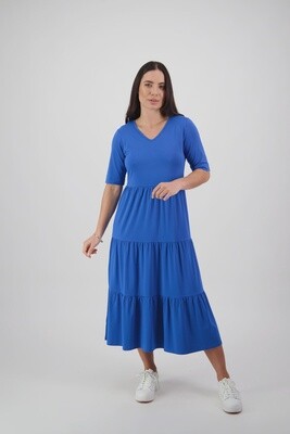 Vassalli V Neck Short Sleeve Tiered Dress Cobalt