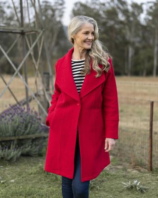 See Saw Boiled Wool Long Line Button Pea Coat Red