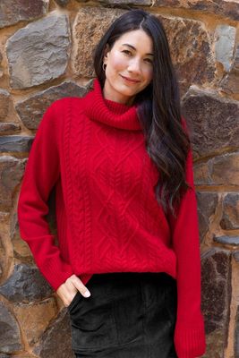 Jump Cowl neck Cable Pullover RED