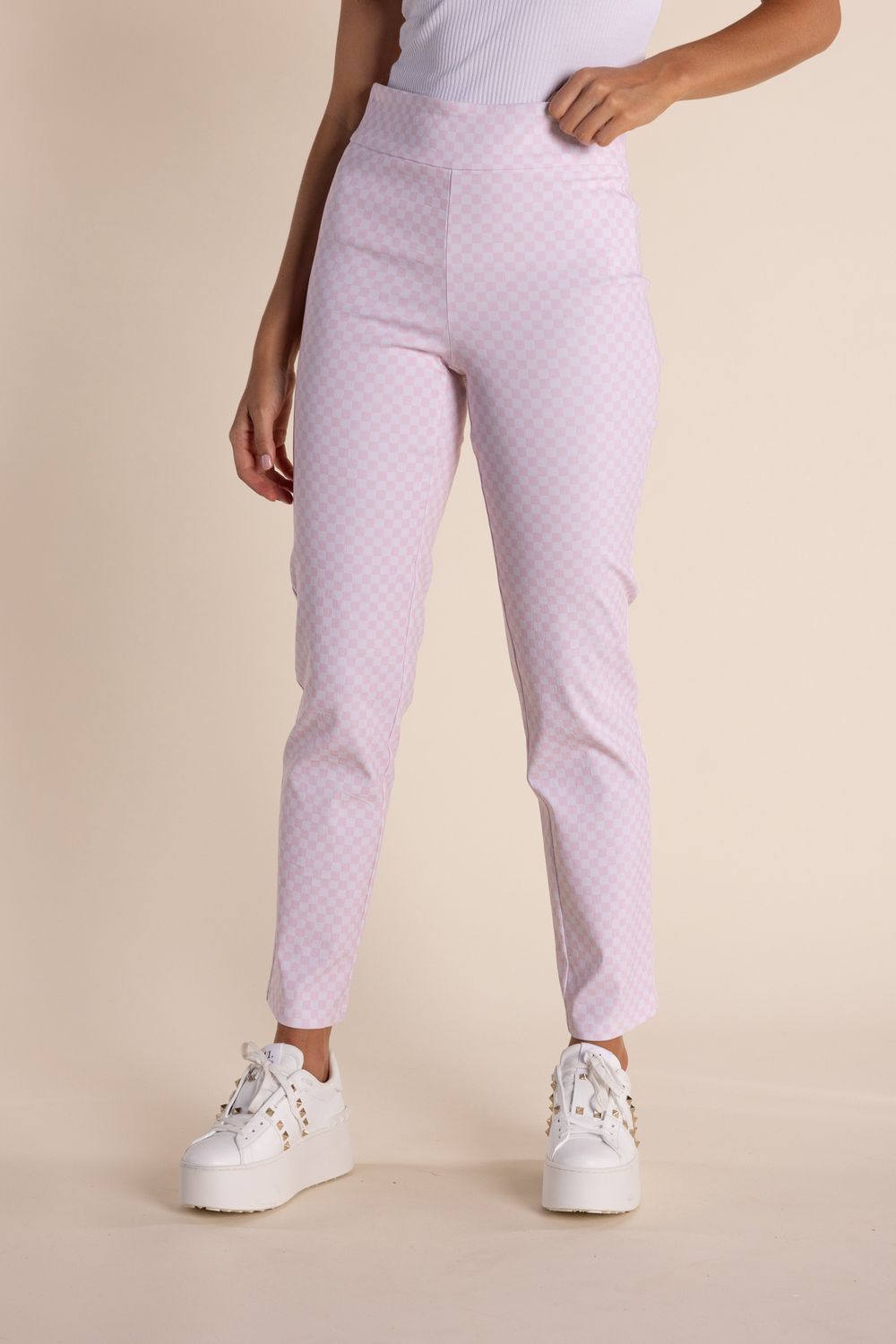 Two T&#39;s 7/8 Gingham Pull on Pant Pink Rose/ White