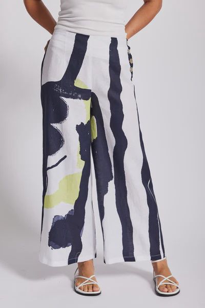 See Saw Linen Palazzo Pant Navy/Pine Lime