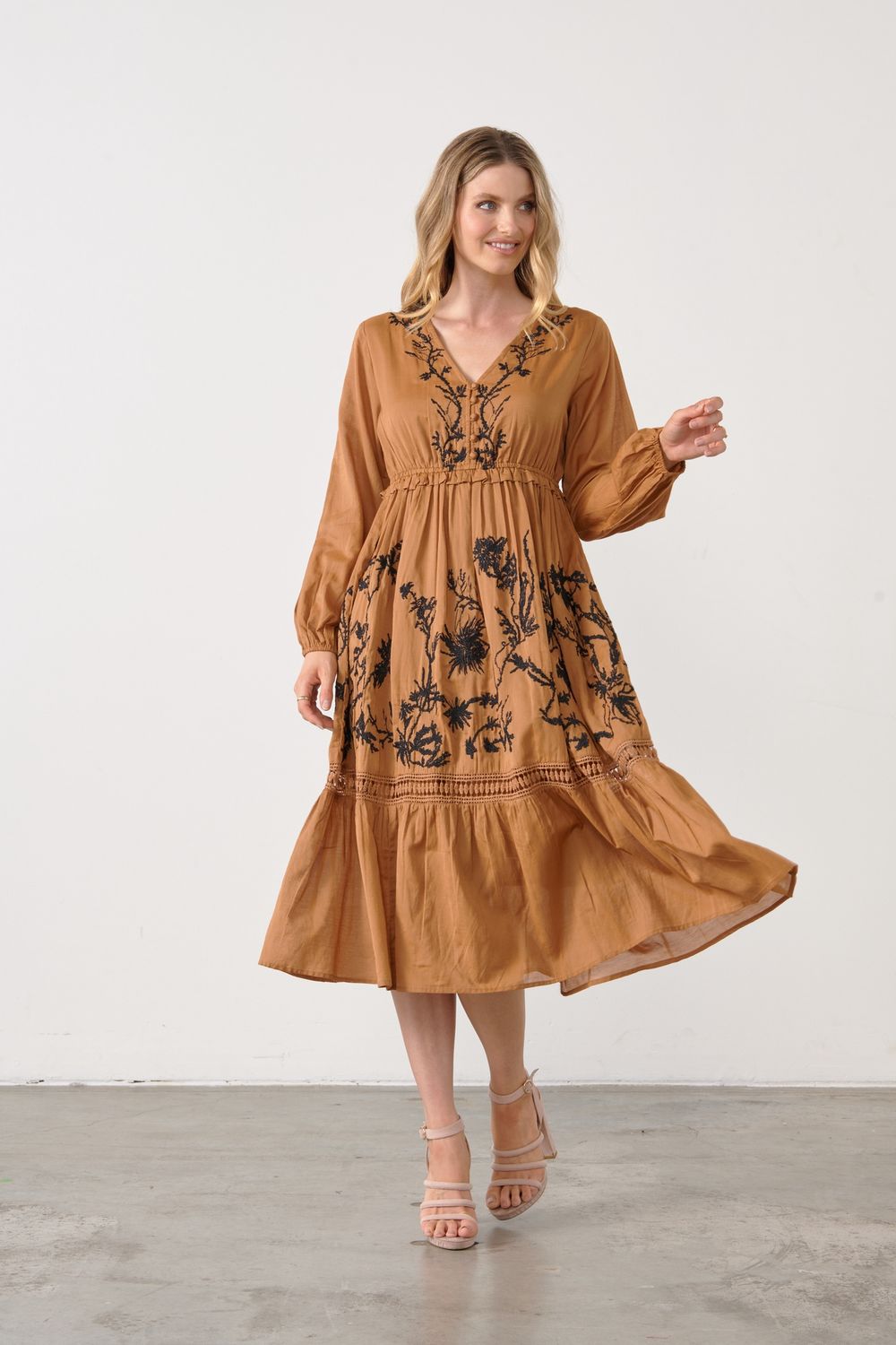 Holmes &amp; Fallon Contrast Embroidery Dress Copper