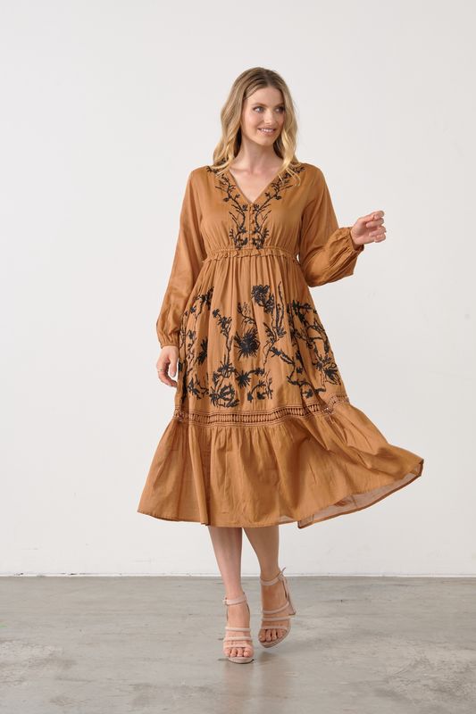 Holmes &amp; Fallon Contrast Embroidery Dress Copper