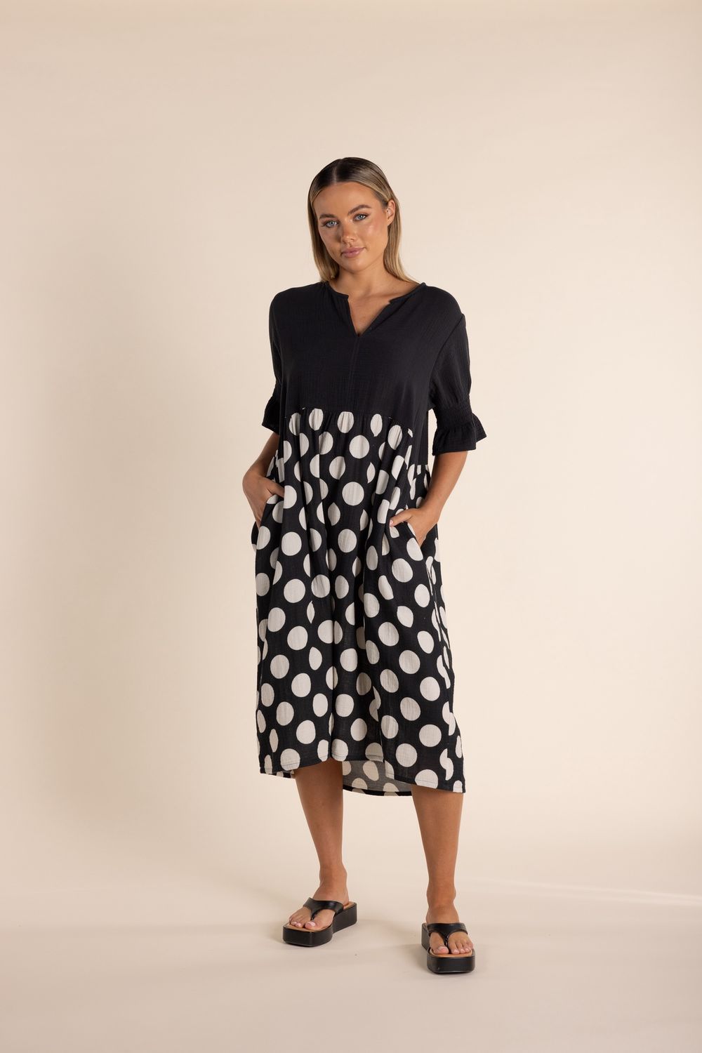 Two T&#39;s Spot Print Dress Contrast Bodice Black and natural