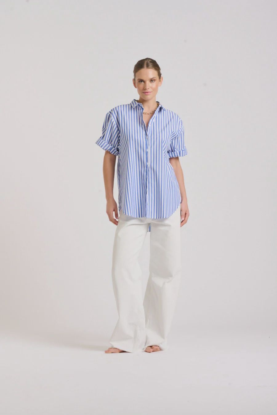 Shirty The Annie Short Sleeve Shirt - Mid Blue Stripe