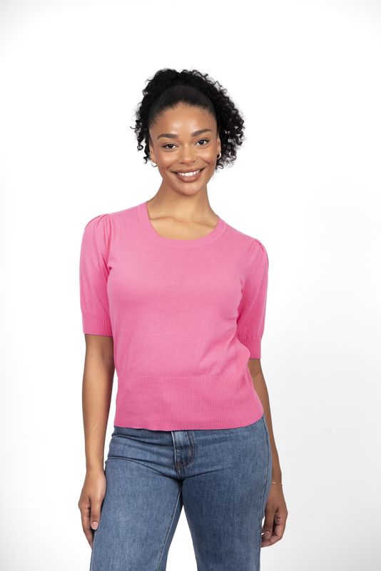 Bridge and Lord Rib Trim Short Sleeve Top Pink