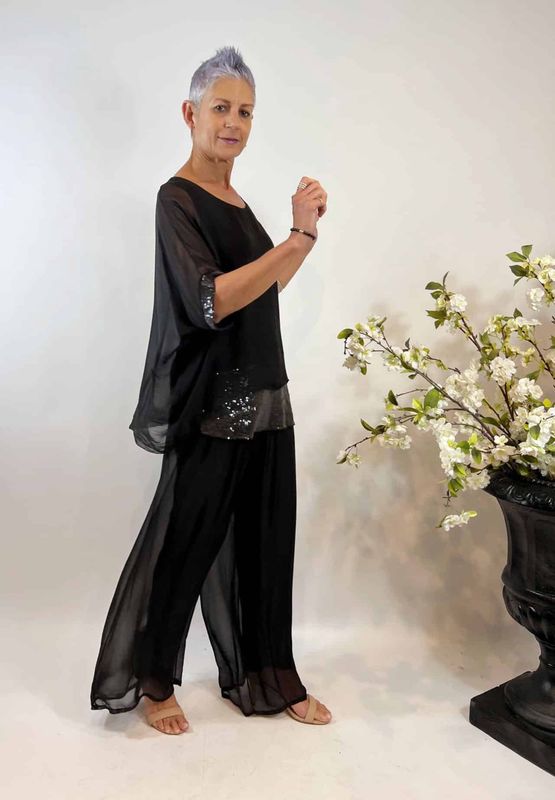 La Strada Silk/Viscose Nero Sequin Trim Top Black