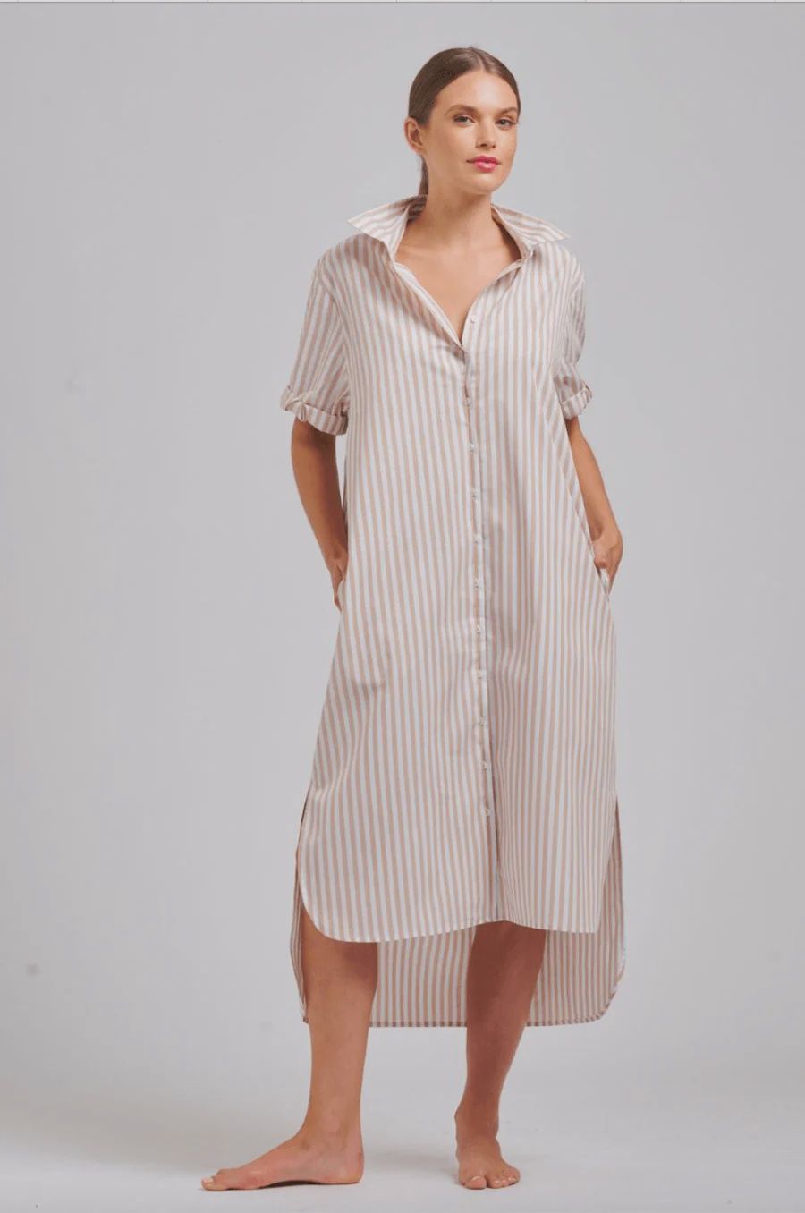 Shirty the Annie Relaxed Long Line Shirt Dress Stone White Stripe