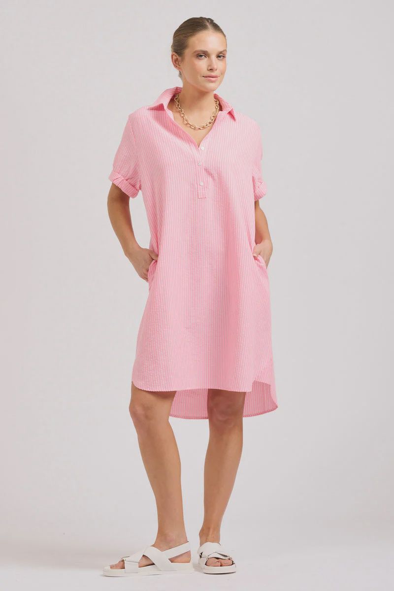 Shirty the Katie Short Sleeve Popover Dress Bright Pink Stripe