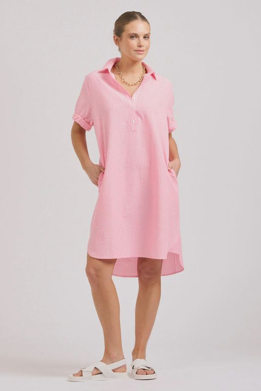Shirty the Katie Short Sleeve Popover Dress Bright Pink Stripe