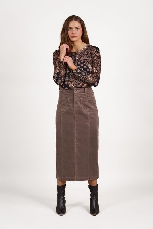 Vassalli  Mid Length Cord Skit with Front Panel Seams Taupe