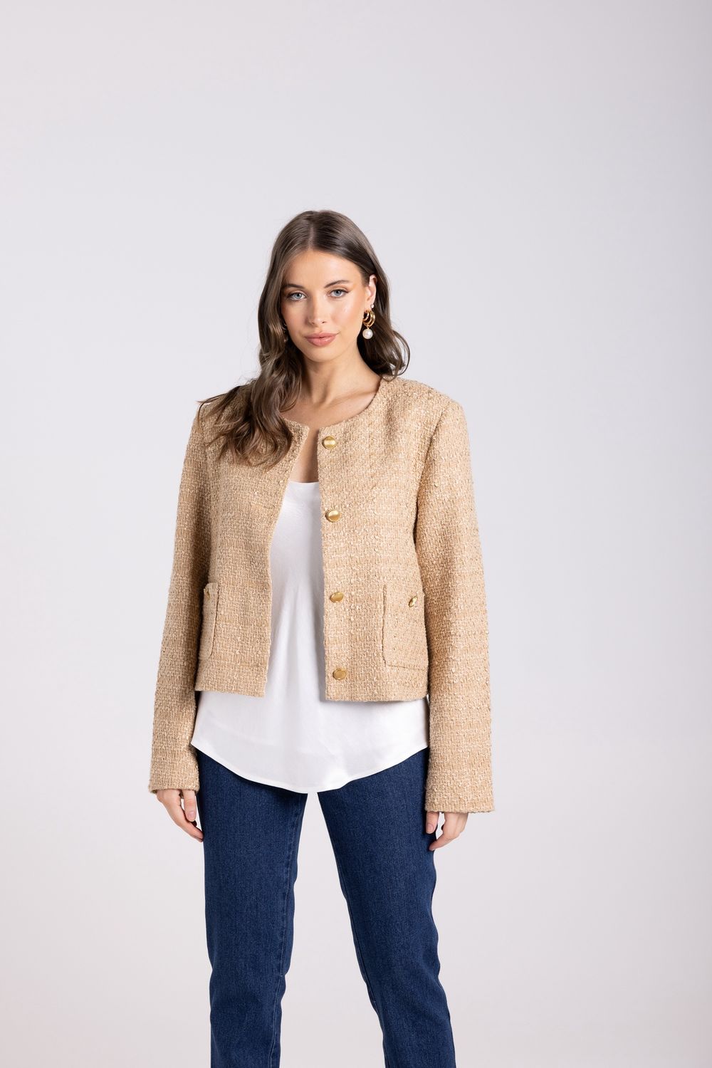 Two T&#39;s Crop Boucle Jacket Camel