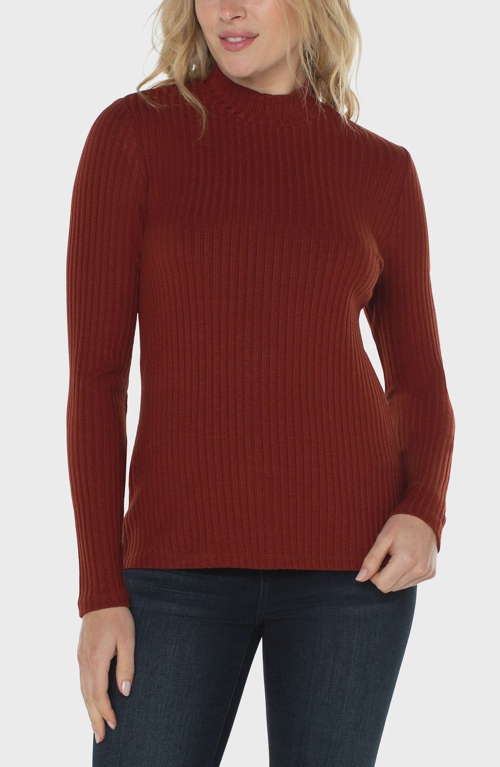 Liverpool Long Sleeve Mock Neck Rib Knit Top Deep Cinnamon
