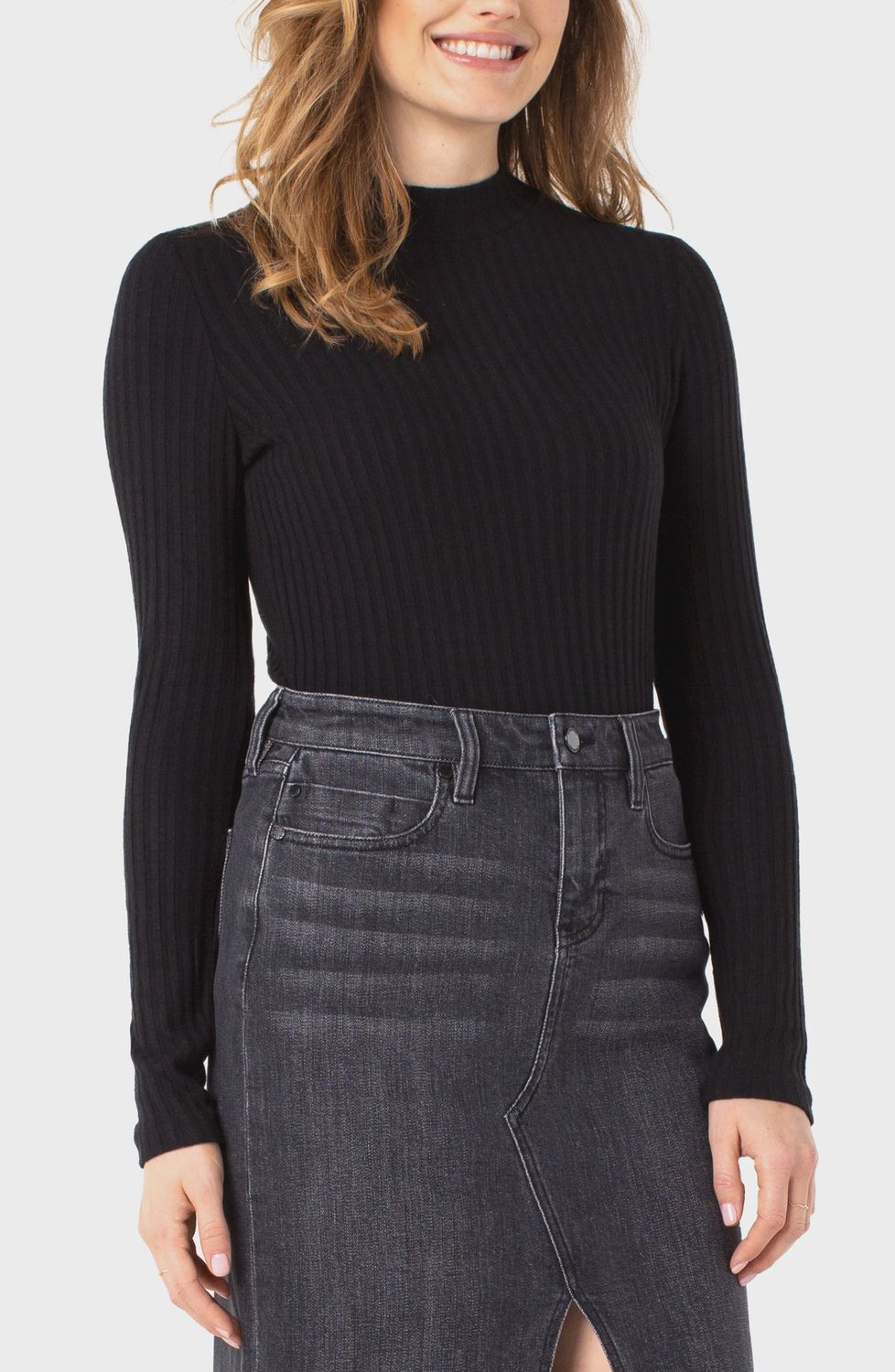 Liverpool Long Sleeve Mock Neck Rib Knit Top Black