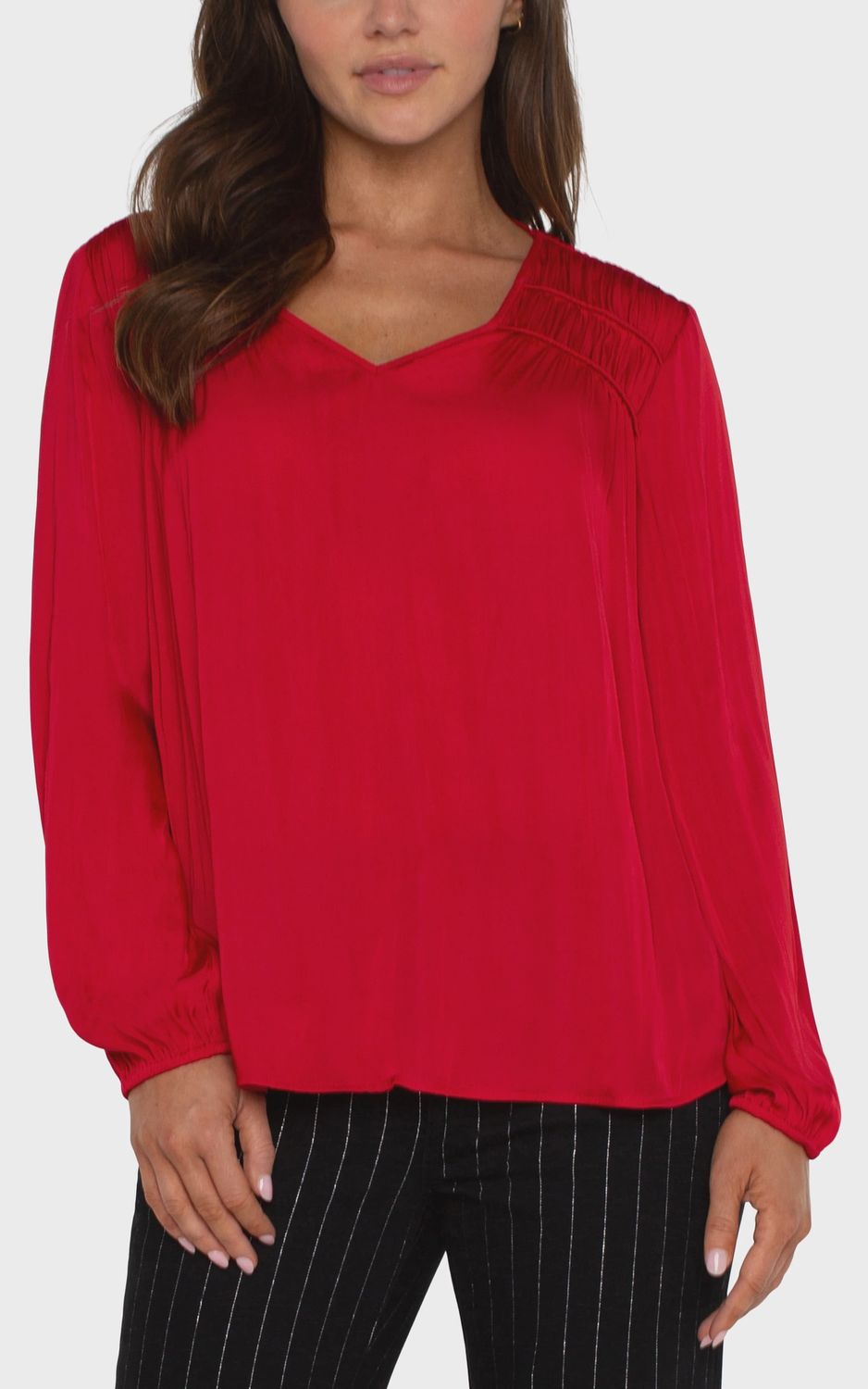 Liverpool Long Sleeve V Neck Woven Blouse Tango Red