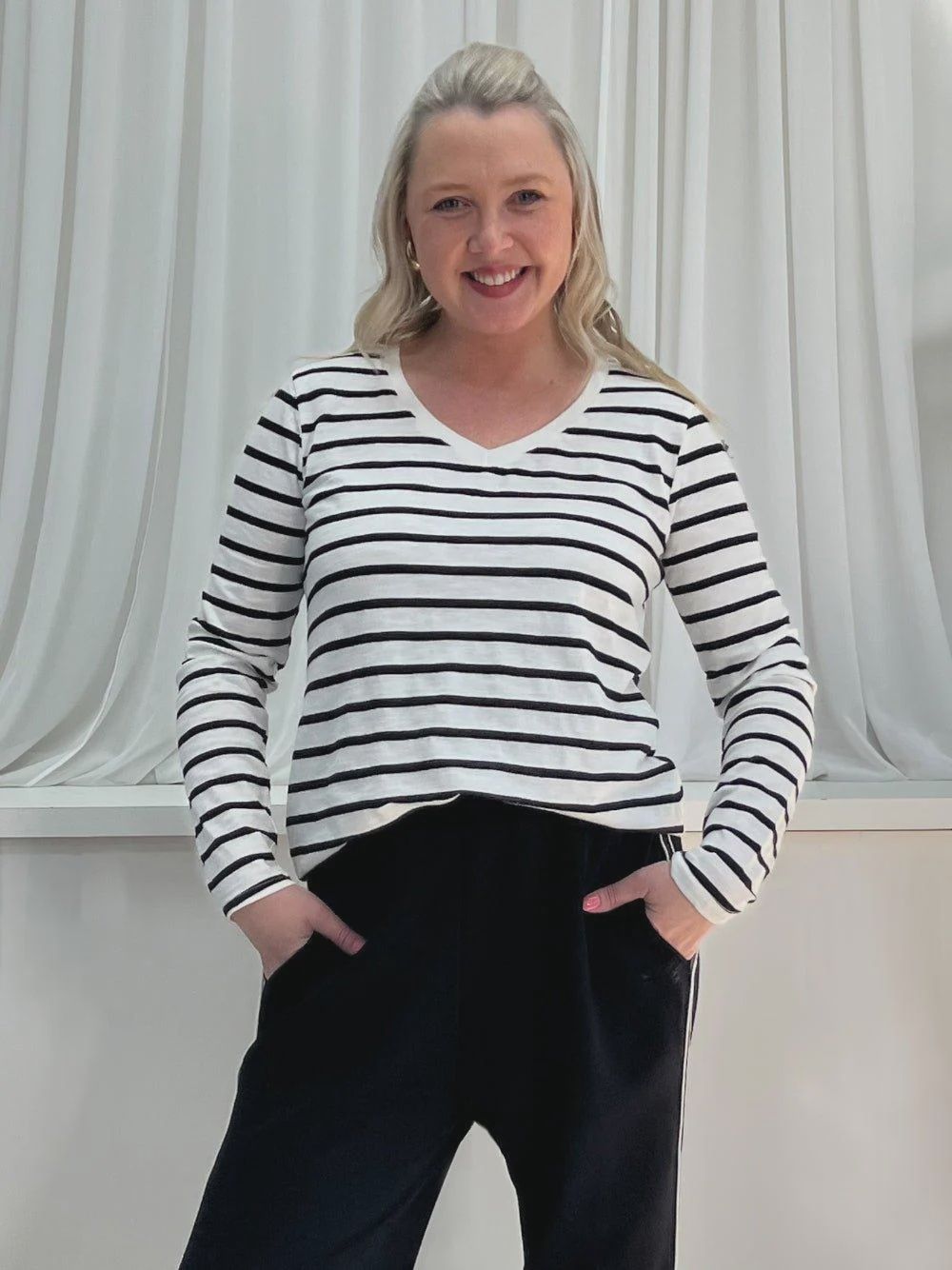 Threadz V Neck Stripe T Shirt Black &amp; White