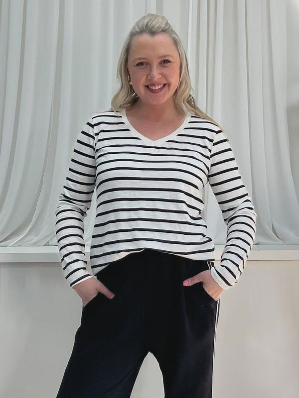 Threadz V Neck Stripe T Shirt Black &amp; White