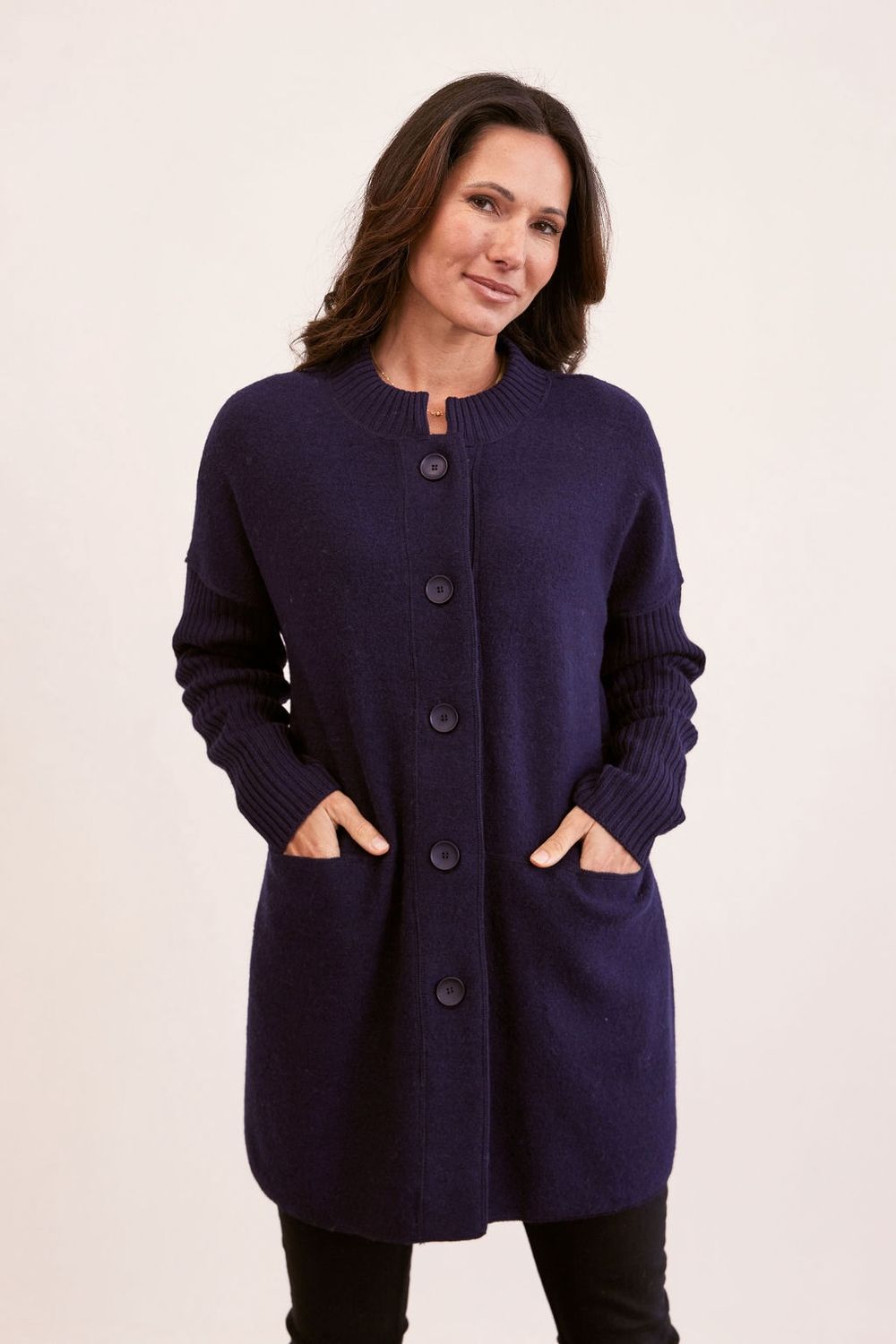 See Saw Boiled Wool Ribbed Sleeve Coat navy