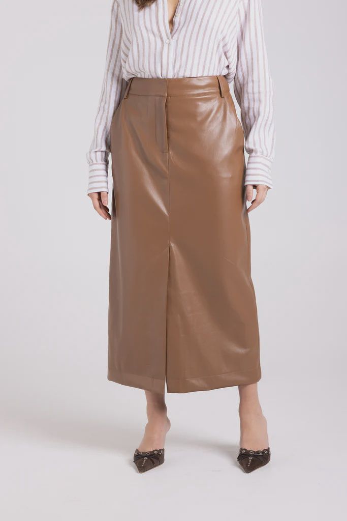 Two T&#39;s Faux Leather Column Skirt Camel