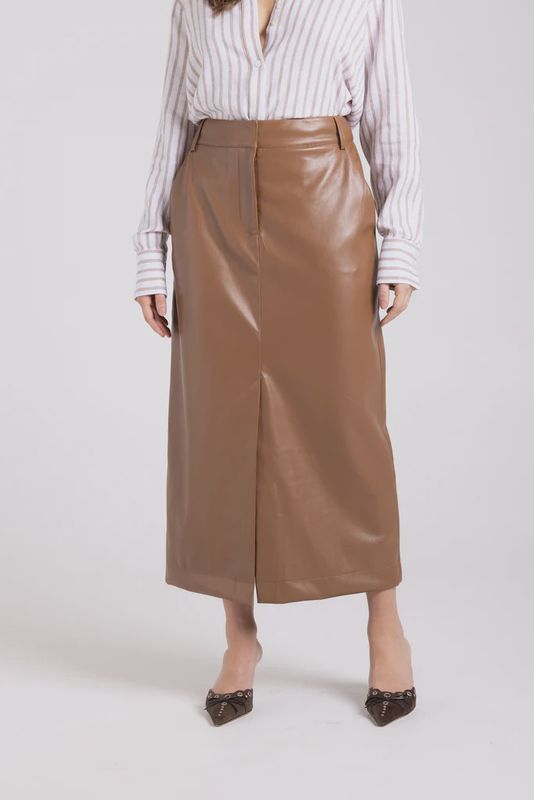 Two T&#39;s Faux Leather Column Skirt Camel