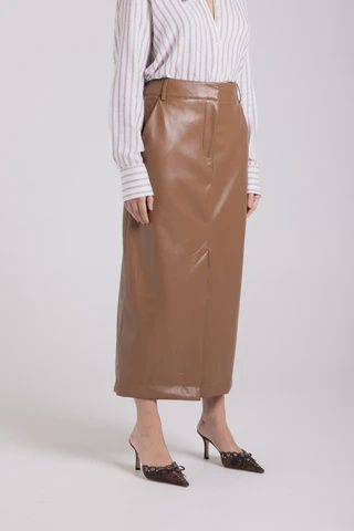 Two T's Faux Leather Column Skirt Camel