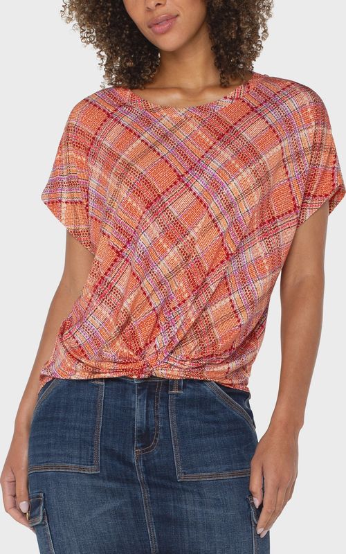 Liverpool Crew Neck Knit Top W/ Front Twist Clementine Plaid