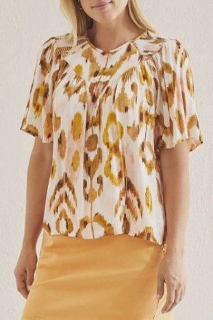 Tribal Elbow Sleeve Blouse with Smocking Walnut