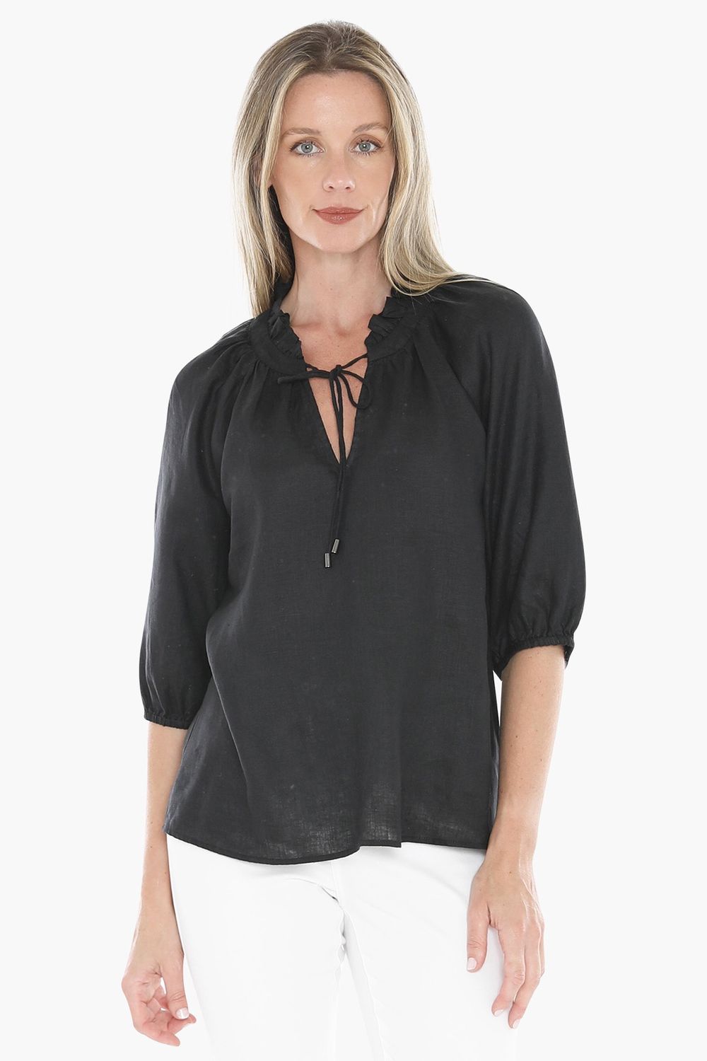 Jump Ruffle Neck Top Black Linen