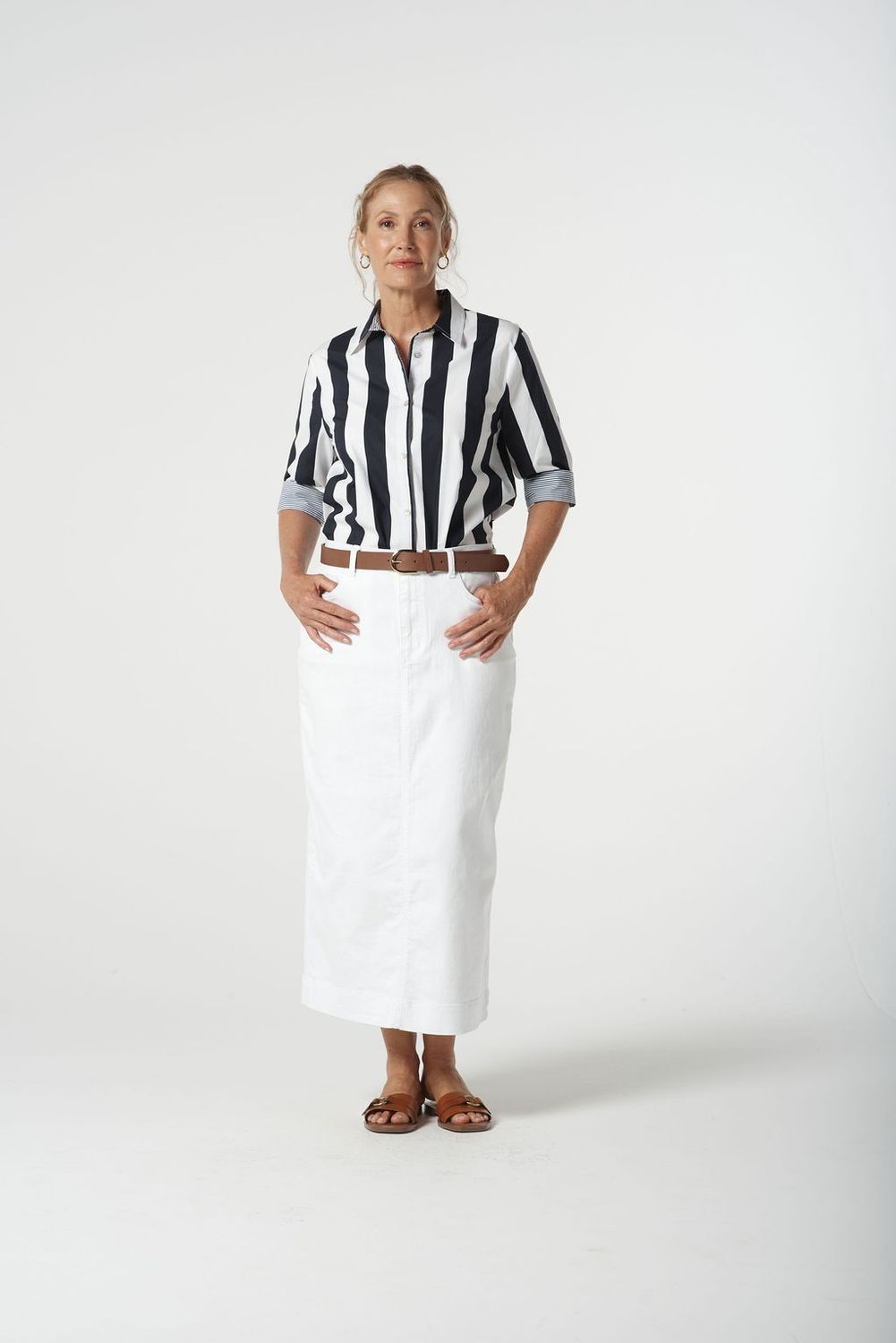 Goondiwindi 3/4 Sleeve Thick Stripe Shirt Navy Stripe