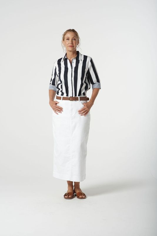 Goondiwindi 3/4 Sleeve Thick Stripe Shirt Navy Stripe