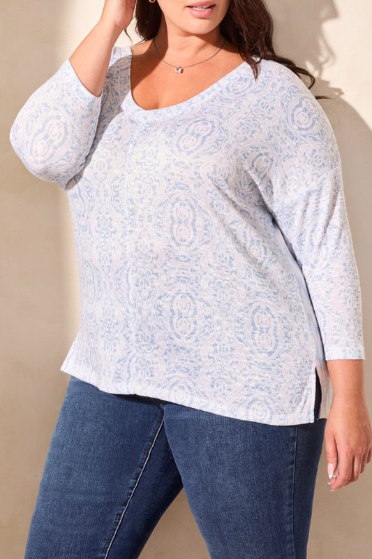 Tribal Combo Print 3/4 Sleeve Crew Neck Top Sailboat