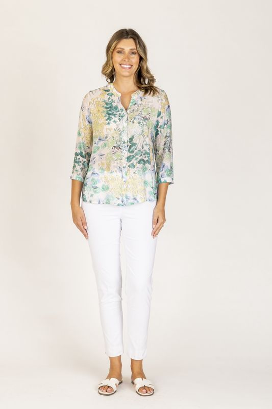 Renoma Velora Shirt Aqua Blue Floral 3/4 Sleeve Multi
