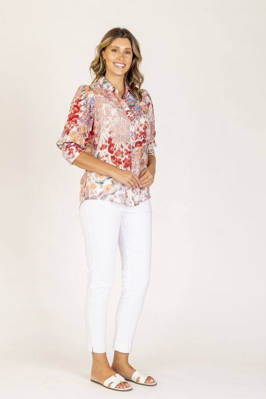 Renoma Velora Shirt Red Pink Blue Floral 3/4 Sleeve