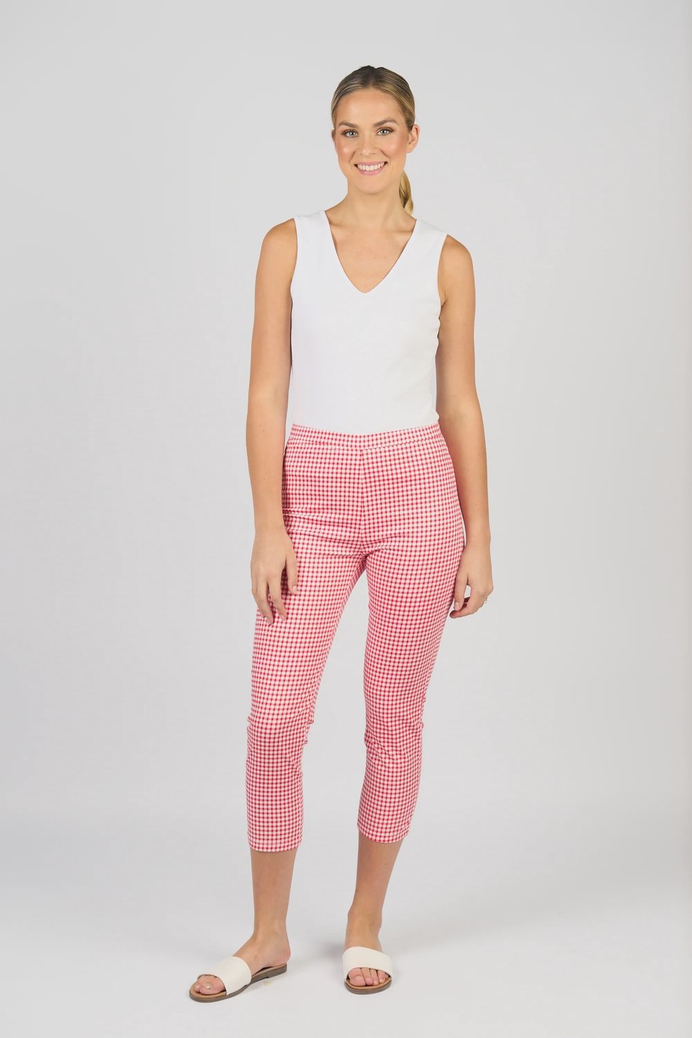 Vassalli Printed Skinny Leg 7/8 Lightweight Pull On Red Gingham