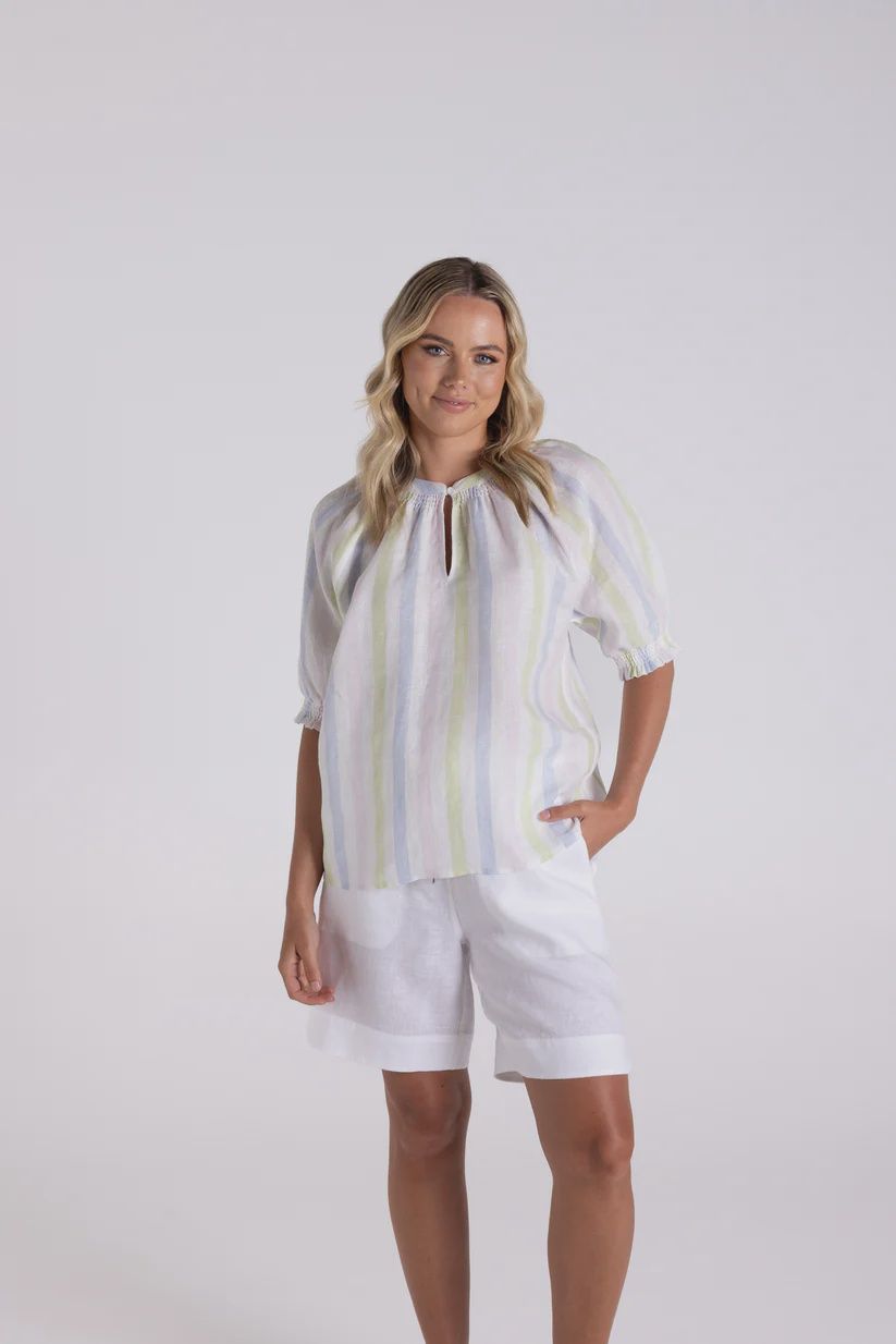 Two T&#39;s Multi Stripe Linen Keyhole Top