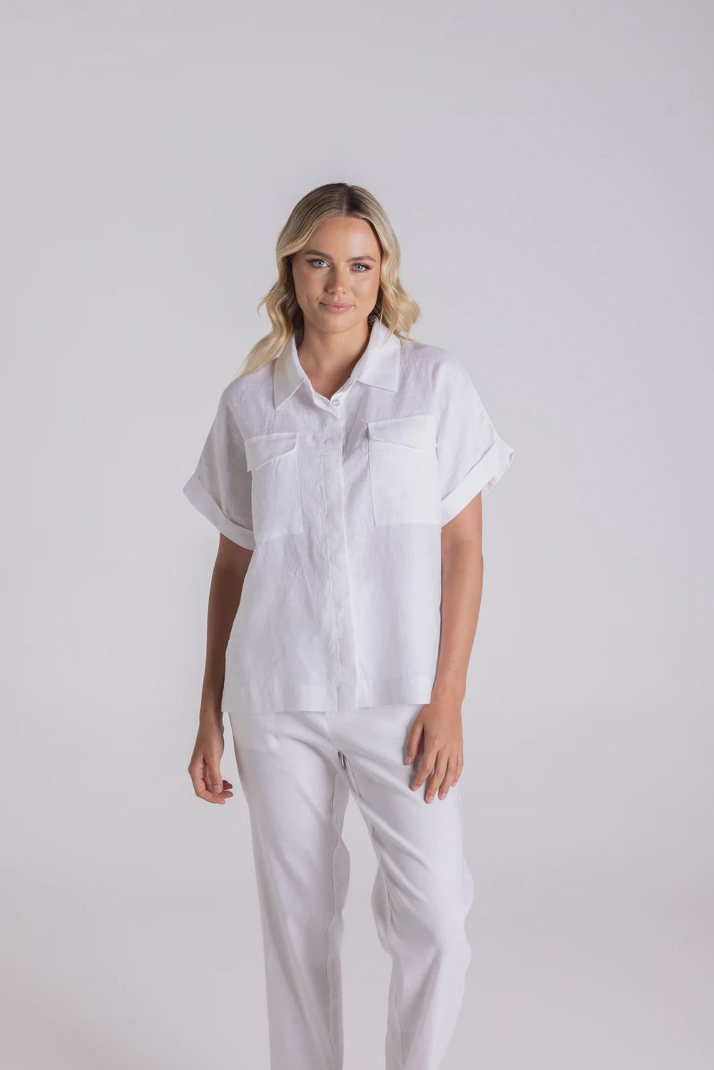 Two T&#39;s Dropped Shoulder Over Sized Linen Top White