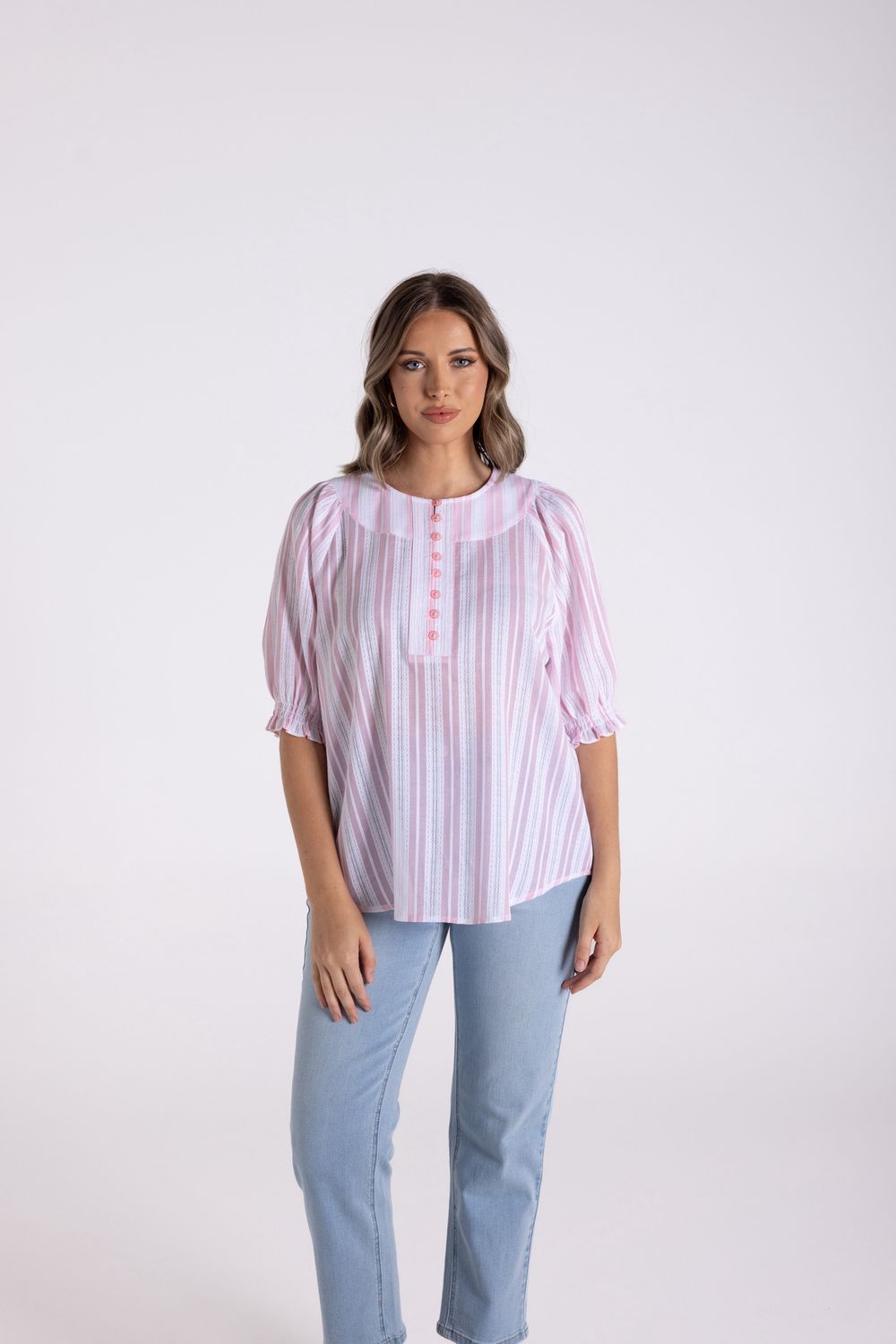 Two T&#39;s Cotton Striped Lace Top Pink White