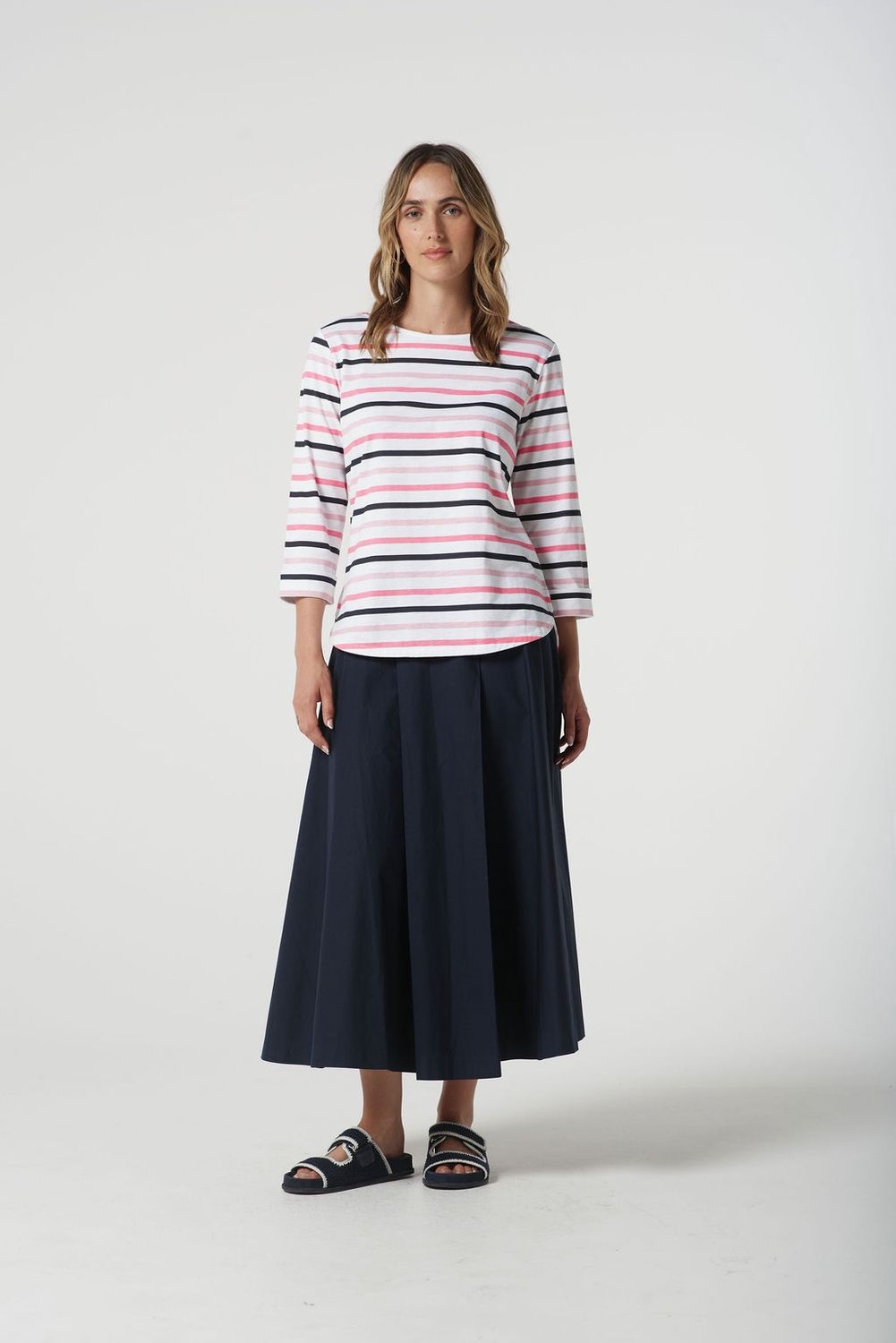 Goondiwindi Multi Stripe Tee 3/4 Slv Pink Cosmos