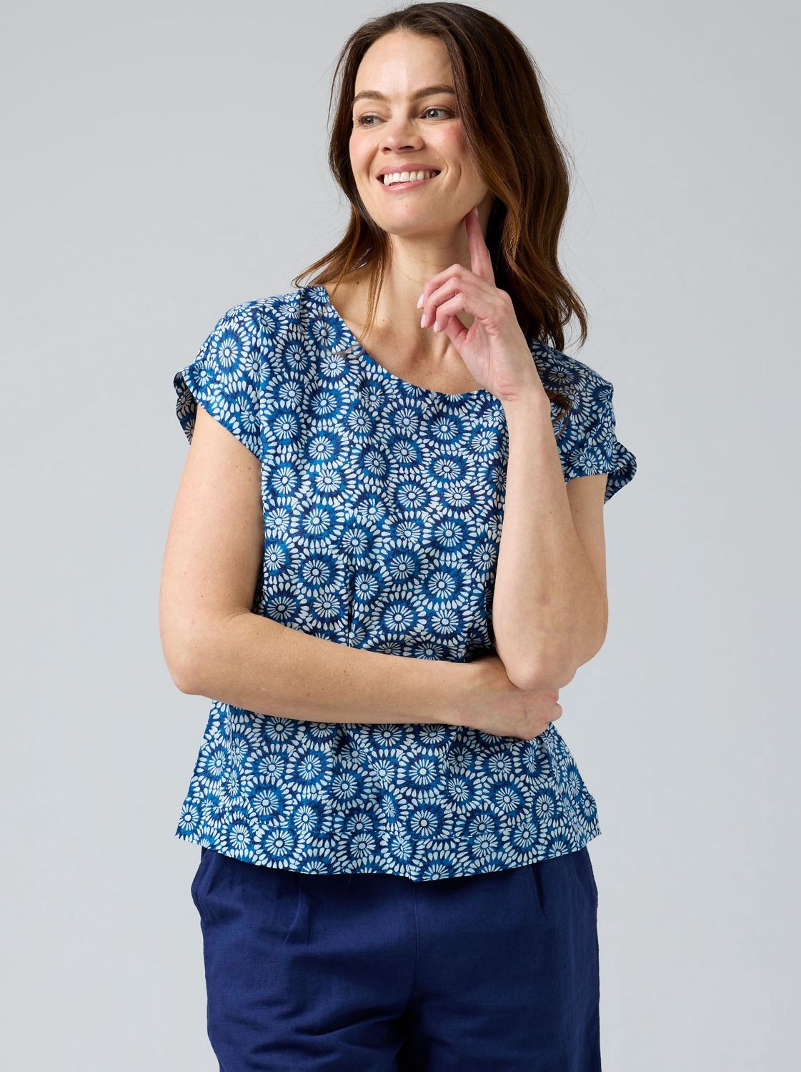 Cake Vicky Round Neck Top Blue &amp; White flowers