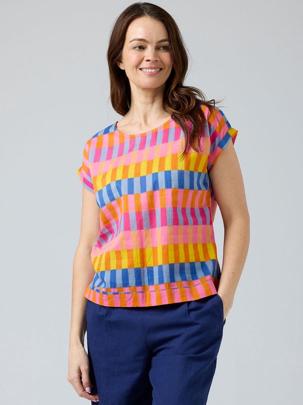 Cake Vicky Round Neck Top Blue Pink Yellow Tile