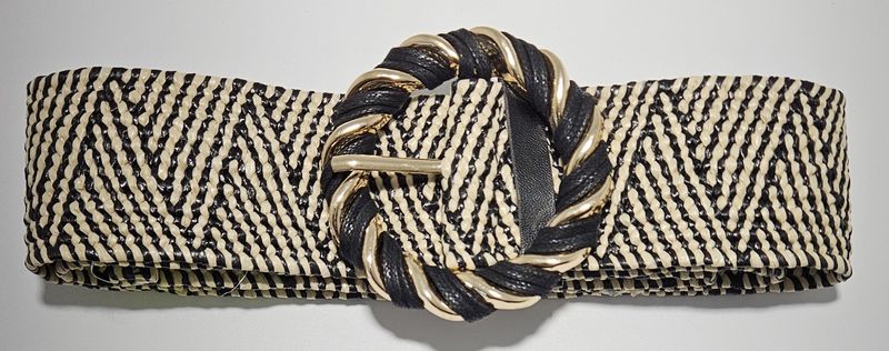 Hinako Round Buckle Woven Stretch Belt Black/ Natural