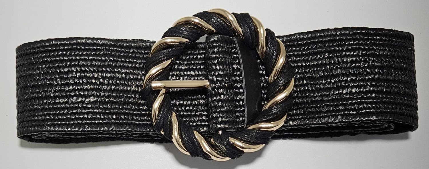 Hinako Round Buckle Woven Stretch Belt Black