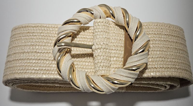 Hinako Round Buckle Woven Stretch Belt Natural