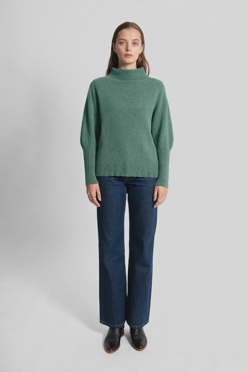 Fields Funnel Neck w Pointelle Puff S Forest Green