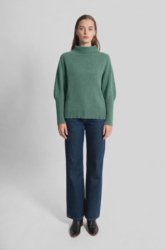 Fields Funnel Neck w Pointelle Puff S Forest Green