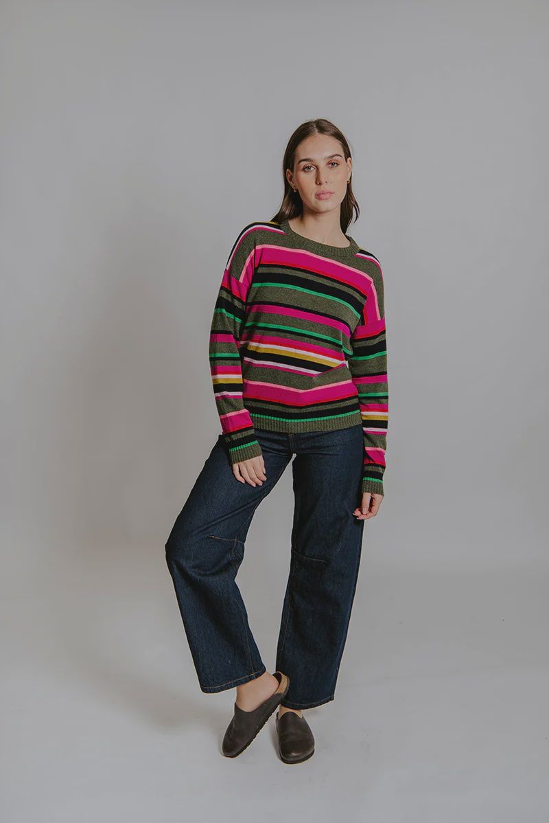 Bella Multi Stripe Relaxed Pullover Olive Multi